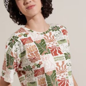 Honey Off White Printed Casual Half Sleeves Round Neck Women Boxy Top Size S