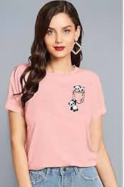 Pink Color Printed Panda T Shirt For Women Size M
