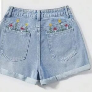 Savana Blue High Waist Cute Mushroom Sunflower A Line Rolled Hem Denim Shorts Size Xs