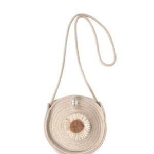 Cream Color Jute Round Shape Flower Design Sling Bag