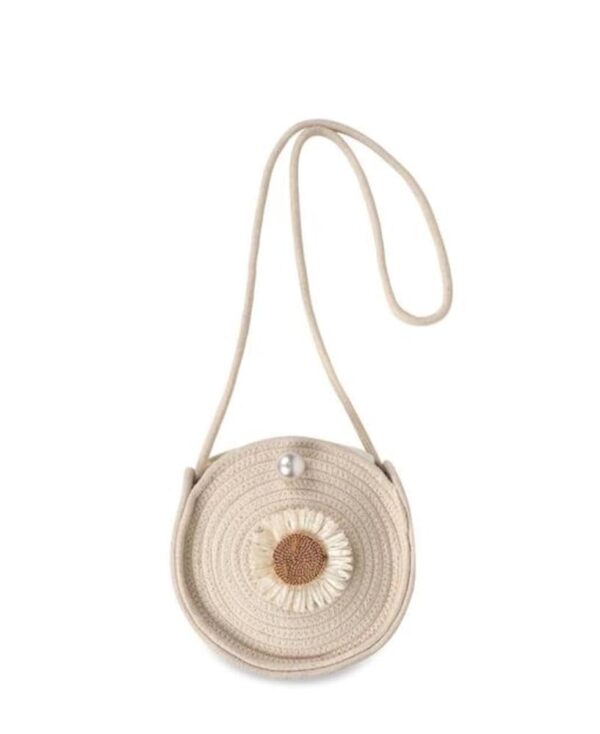 Cream Color Jute Round Shape Flower Design Sling Bag