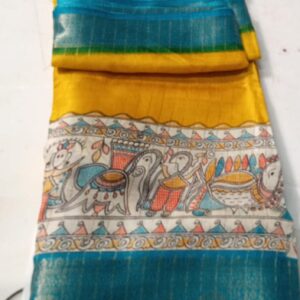 Womens Mustard Colour With Teal Green Border Silk Saree