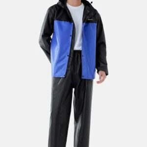 Rain Gear Rain Jacket Men Waterproof Bike Riders Hood Along Inner Pockets Black And Blue Size L