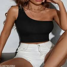 Hndb Best Seller For Tank Top One Side Shoulder Ribbed|Rib Knit Tank Top Women Crop Top And Tunics Black Color Size S