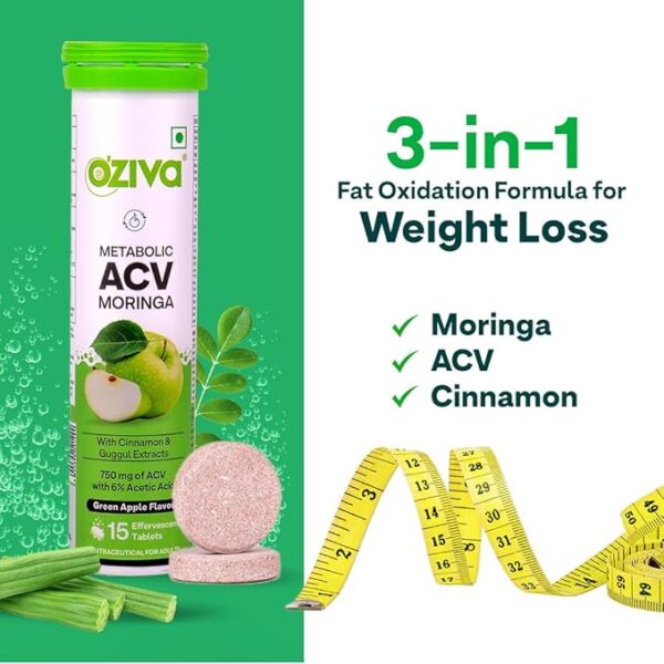 Oziva Acv Moringa|Control Cravings I Apple Cider VinegarCinnamonGuggul I No Maltodextrin No Added Sugar I 15 Effervescent Tablets Green Apple