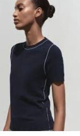 Zara Navy Blue Short Sleeve Knit Top With Piping For Women Size M