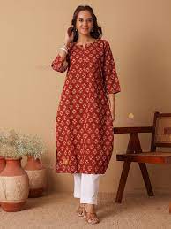 Chowkhat Chhavi Hand Printed Cotton Maroon Kurti With Handwork Size L