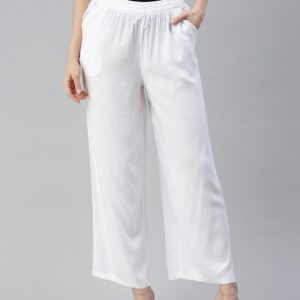 Women White Colour Elastic Plazo Pant Size M