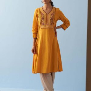 Lakshita Women Yellow Long Flared Embroidered ALine Kurta Size 3X