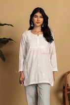 Chowkhat Cotton Short Chikankari Kurti White Colour Size M
