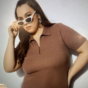 Women Brown Rib Front Zipper Polo Neck Top Size 3Xl
