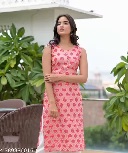 Private Label printed round neck sleeveless ankle length pink kurta for women S Size