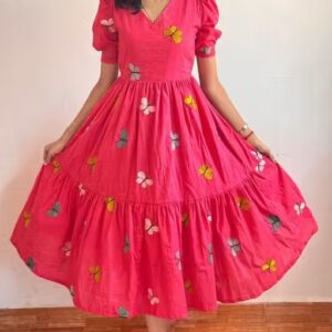 Private Label Women Trendy Stylish Cotton Embroidered V Neck Long Party Wear Anarkali Kurti Pink Xxl