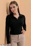 Private Label Casual Polyester Blend Ribbed Collar Black Top M Size