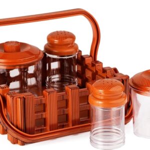 Private Label Complete Dining Table Set of Pickle Jars Salt and Pepper Dispenser Toothpick Holder and Spoon Holder Wooden Look Design Plastic