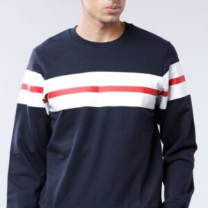 Men Navy Blue and White Striped Sweatshirt