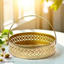 Private Label New Puja Metal Basket Gold Finished Round Shape