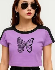 Private Label Women Lavender Bloom Butterfly Crop Tee butterfly print Size L Colour Parple