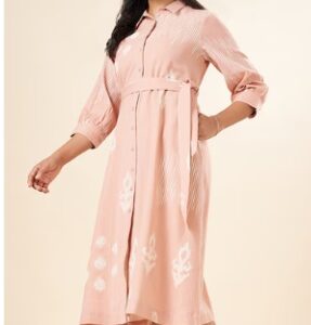 Pantaloons Peach Printed Shirt Collar Casual Three Quarter Sleeves Women Regular Fit Ethnic Dresses S