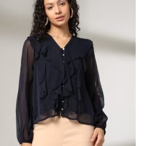 FIG Women Ruffle Trim Regular Fit Top M navy