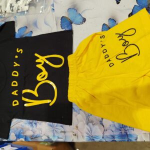 Private Label Kids Half Clothes Black Tshirt and Yellow Shorts with Daddys Boy Print Summer Wear for Boys 0 size