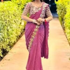 Private Label Women Pink Georgette Heavy Sequenced And Real Mirror Worked Saree With Blouse PINK COLOR