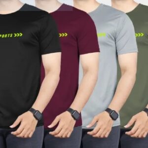 VeBNoR Pack of 4 Men Self Design Round Neck Polyester Black Maroon Grey Dark Green T Shirt Size L