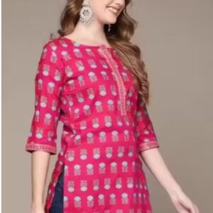 Private Label Rayon Hand Block Printed Short Kurti pink color Size 44