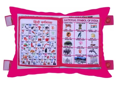 Private Label Learning Pillow Book Kids with English and Hindi Languages Alphabet Numbers Animal Names Interactive Velvet Learning Cushion Cloth Book for Baby Children