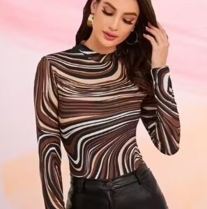 Private Label Casual Polyester Blend Round Neck Long Sleeves Stylish Printed Top colour multicolour size XS