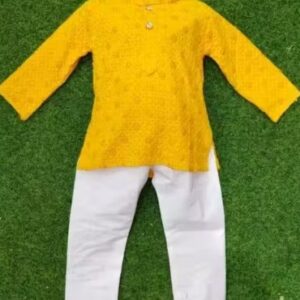 Private Label Boys Embrodiary Sequnce Mirror Work Festive Chikankari Kurta Pyjama Set For Kids 2 3 Years Yellow