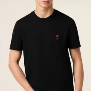 AMI PARIS Men Regular Fit Organic Cotton Crew Neck T Shirt with Embroidered Logo colour black size S
