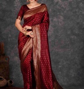 Sudathi Maroon Silk Women Banarasi Saree with blouse Red Colour