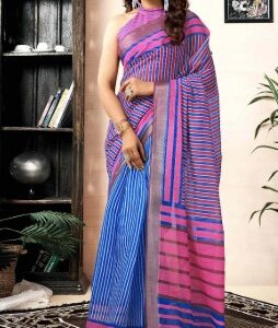 Sudathi Ready To Wear Dark Blue Linen Printed Saree With Pocket Colour Blue and Pink
