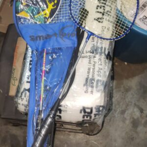 Private Label Single Shaft Racket set of 2 and 3 Feather shuttle BLUE AND GREY