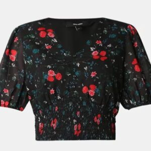 VERO MODA Women Floral Print Regular Fit Top with Smocked Waist SIZE L Black