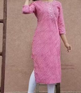 Private Label Women Leheriya Print ALine Cotton Pink Kurti size M