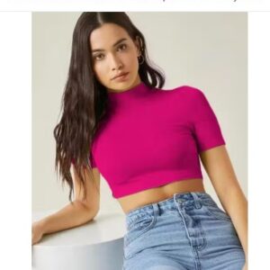 Private Label Casual Polyester Blend High Neck Short Sleeves Rani Pink Crop Top size XL colour pink