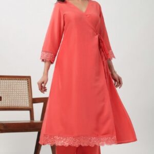 Janasya Lace Inserted V Neck Angrakha Style A Line Kurta With Palazzos Coloue Pink Size XL