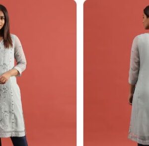 Folksong Cotton Embroidered Straight Kurta Colour Grey Blue SIze L
