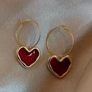 Private Label Korean Earrings Gold Plated Hoop And Shinny Red Heart For Women Girls