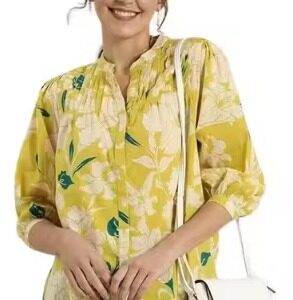 RYTRAS Yellow and Off White Collar Puff Sleeve Cotton Top SIZE XL