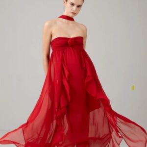 Sobella Red Ruffle Tube Dress With Rose Detail Size M