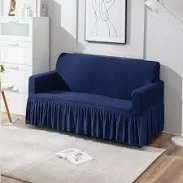 Hokipo Elastic Stretchable 280 Gsm Bubble 2 Seater Sofa Cover With Frill Navy Blue