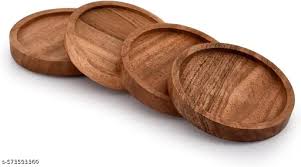 Wood Round Coasters With Holder, Brown, Absorbent Lip Design, 4 Pcs