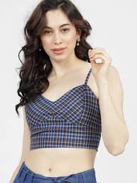 Tokyo Talkies Blue Collar Checked Print Women Crop Top Size M