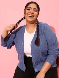 Curvy Street Plus Size Women Blue Cable Knit Acrylic Cardigan Colour Blue Size 5Xl