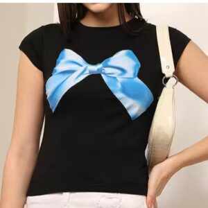 Shein Women Shein Cap Sleeves Chest Print Slim Fit Crew T Shirt Black Size Xxl