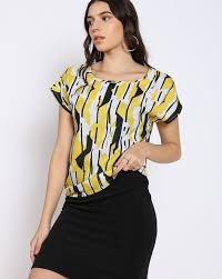 Shein Shein Abstract Pattern Loose Fit Top For Women Mustard Colour Size Xl