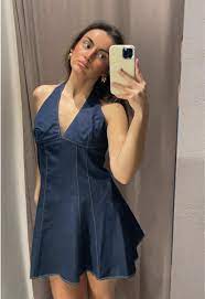 Zara Vestido Denim Halter For Women Size L